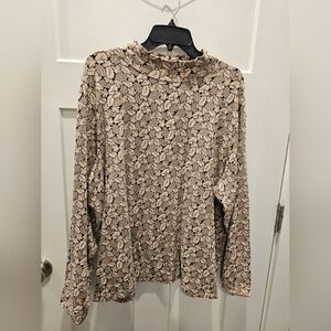 Croft & Barrow Woman 3X Stretch Leaf Print Mock Neck Long Sleeve Top Beige Black